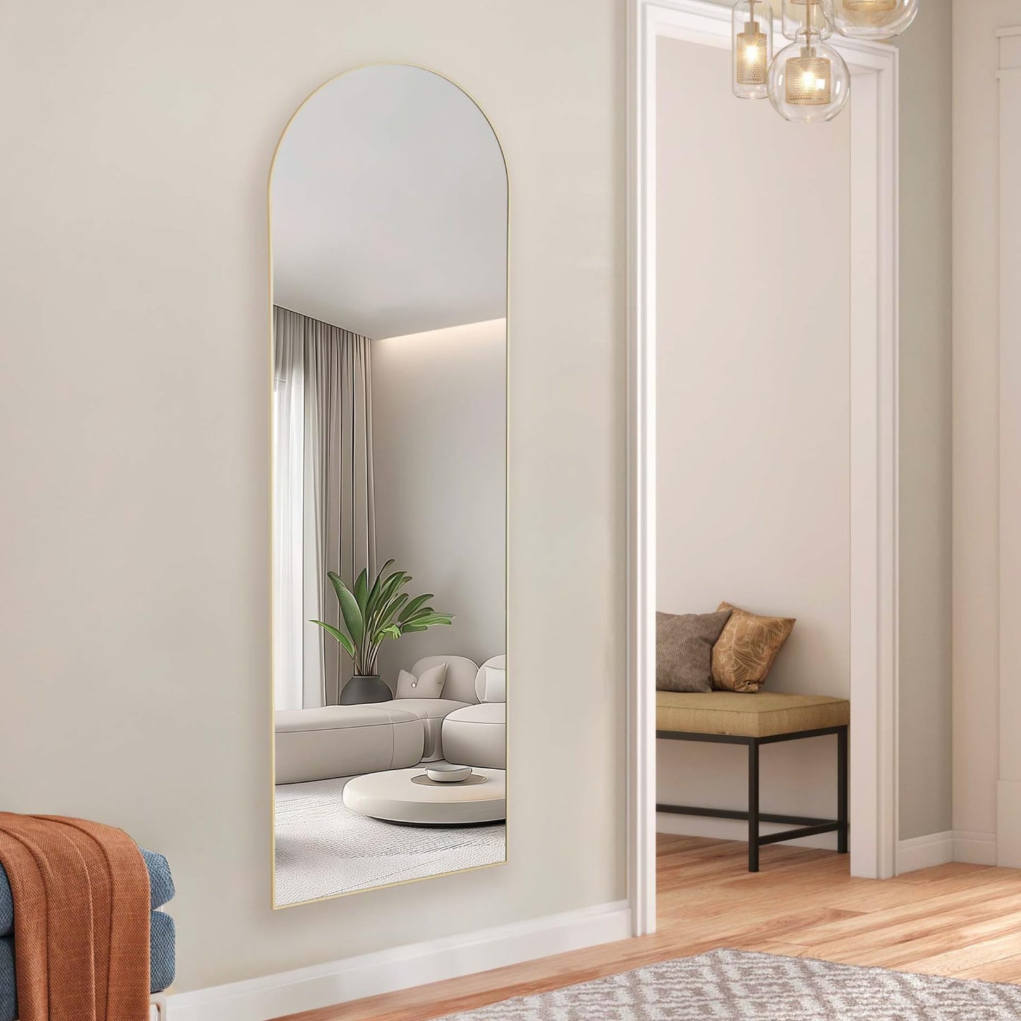 Hexago Arched Full Length Mirror 64"x21", Aluminum Alloy Thin Frame Floor Standing Mirror, Wall Mirror with Stand, HD Explosion-Proof Nano Glass for Bedroom, Living Room, Dressing Room