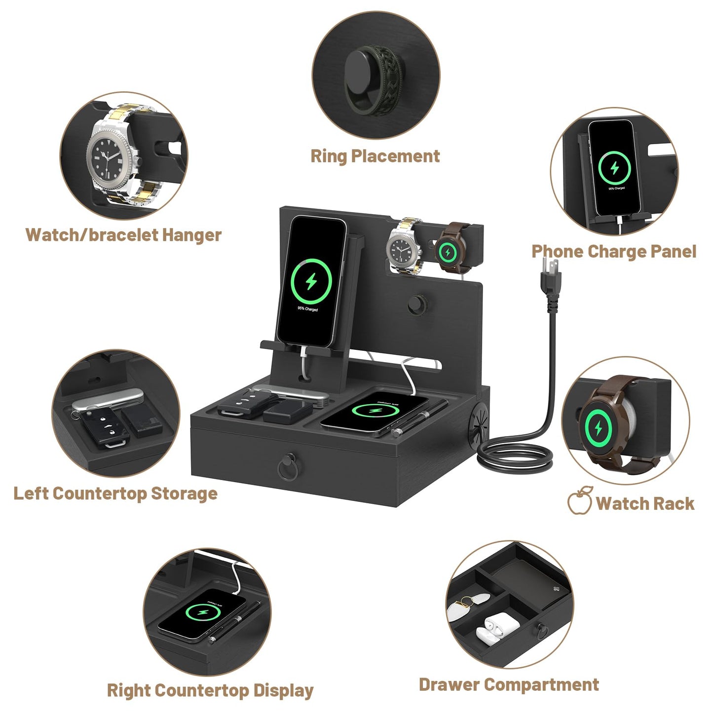 Wood Phone Docking Station with USB Ports and Outlets, Nightstand Organizer with Charging Station, Bedside Organizer with Drawer for Watch & Accessories, Christmas Anniversary Birthday Gifts for Men