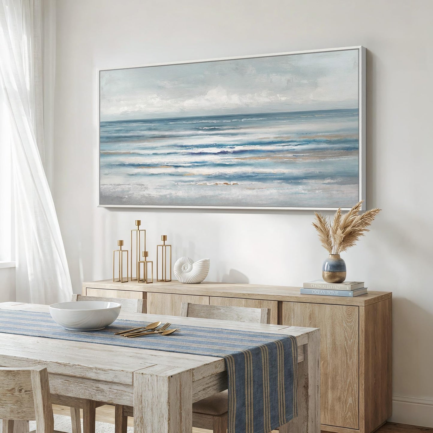 Large Framed Coastal Abstract Landscape Wall Art for Living Room, Horizontal Beach Wave Scenic Canvas Artwork for Walls, Ocean Seascape Picture Print for Dining Room Bedroom Office Wall Decor, 60x30 in
