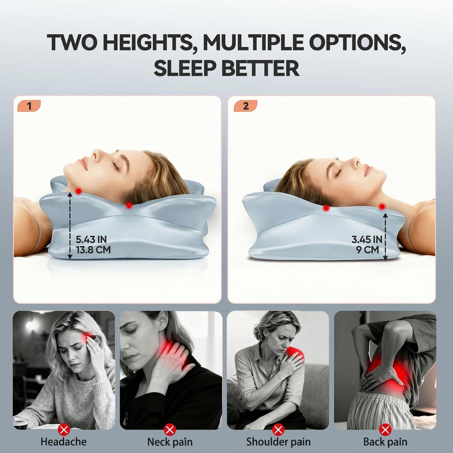 2-Pack Cervical Neck Pillow for for Neck Support,Ergonomic Memory Foam Contour Pillow with Wrinkle-Resistant Silky Satin Fabric Cover,Orthopedic Bed Pillow for Side,Back,Stomach Sleepers,Blu