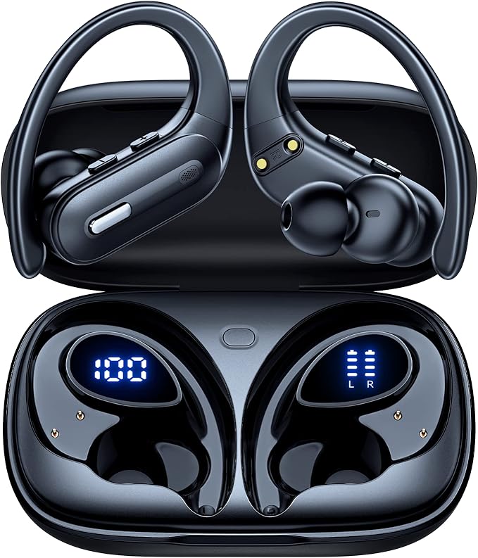 Active Noise Cancelling Wireless Earbuds Bluetooth Headphones 90 Hrs Playtime Ear Buds with Hi-Res Stereo Deep Bass Power Display Earphones with Earhooks Waterproof Transparency Headset for Sports/Gym