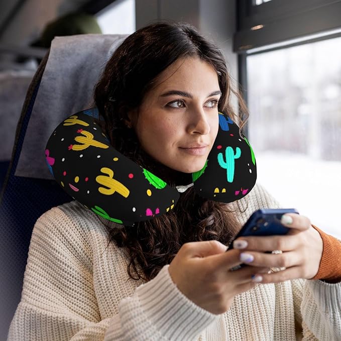 Comfortable Memory Foam Neck Pillow Trippy Dots Cactus, Travel U Shaped Airplane/Car/Flight Pillows with Removable Zipper Cover, Chin Head Neck Support Cushion