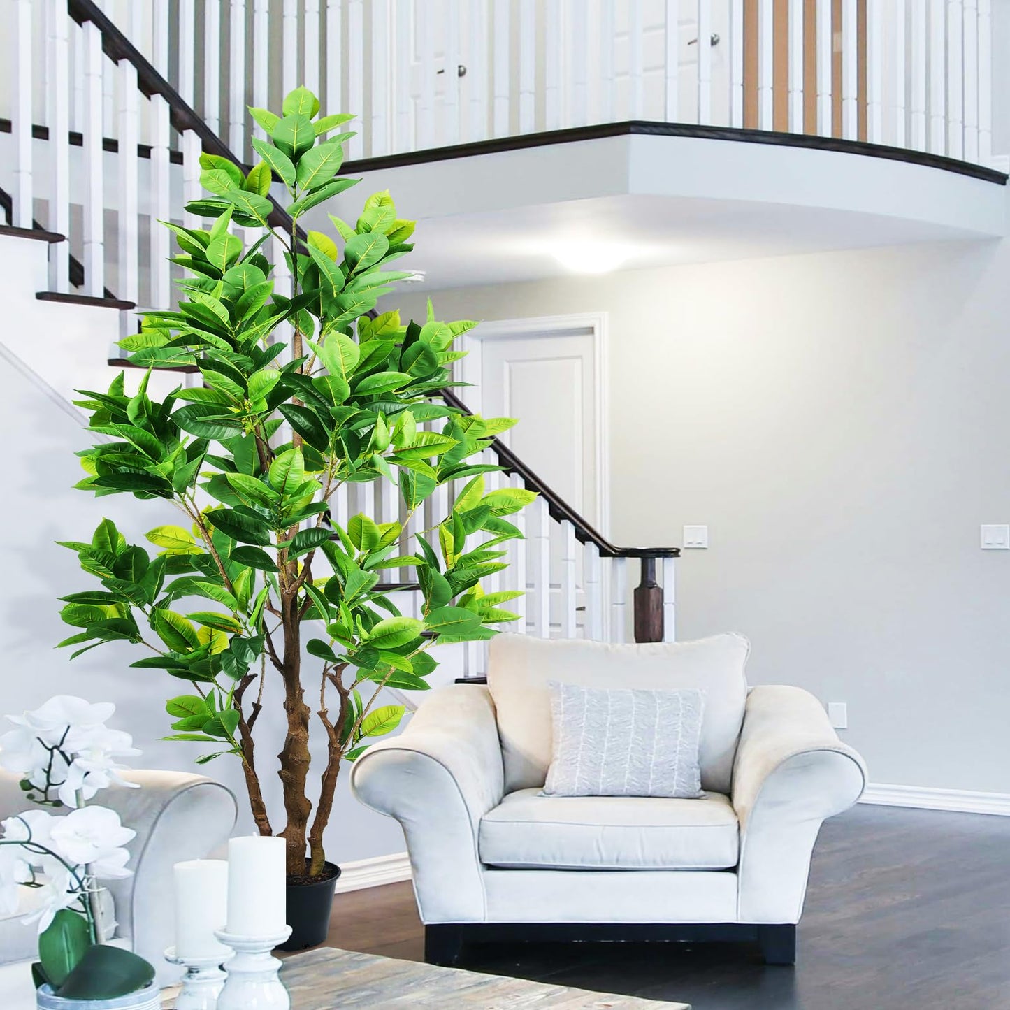 OXLLXO 7.2ft Artificial Rubber Tree (85in) with Plastic Nursery Pot Fake Tree, Faux Ficus Plant for Office House Farmhouse Living Room Home Decor (Indoor/Outdoor)