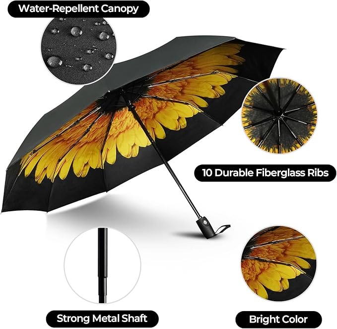 LLanxiry Compact Travel Umbrella, Automatic Open/Close Windproof Umbrella, 10 Fiberglass Ribs, 210T Pongee, UPF 50+ Sun/Rain, Lightweight Portable Umbrellas Travel Size with Carry Sleeve