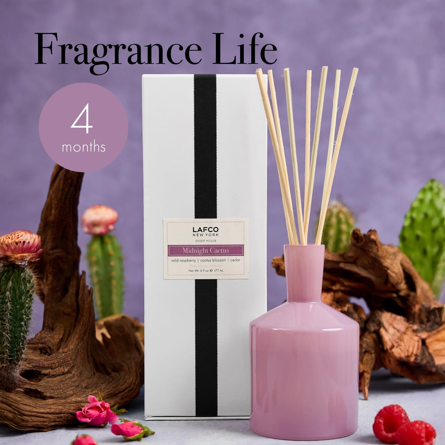 LAFCO New York Classic Reed Diffuser, Midnight Cactus - 6 oz - Up to 3 Months Fragrance Life - Reusable Glass Vessel - Natural Wood Reeds - Made in the USA