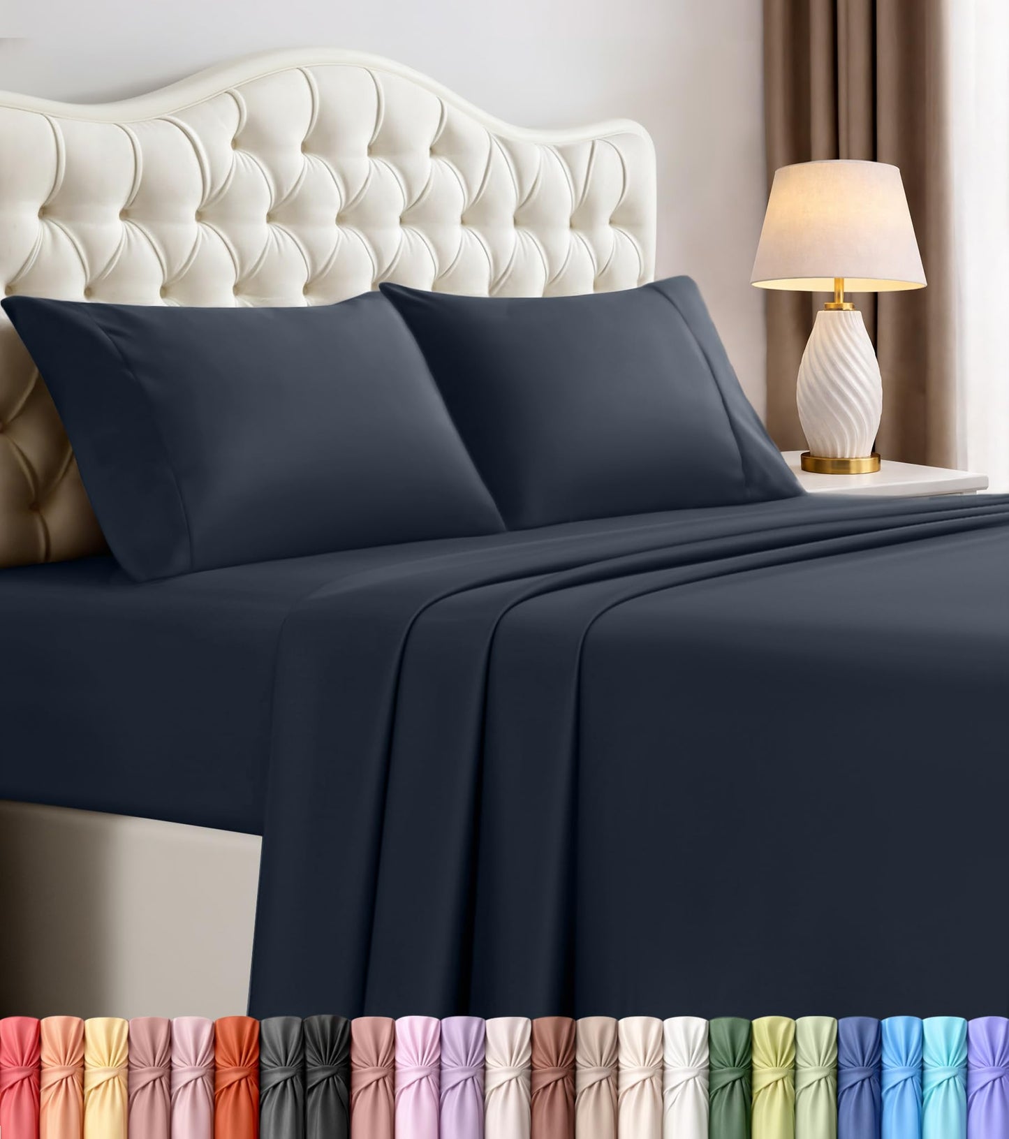 Queen Size Sheet Set – 4 Piece Bed Sheets, Soft and Breathable Microfiber, Includes 1 Fitted Sheet, 1 Flat Sheet and 2 Pillowcases – Oeko Tex (Navy)