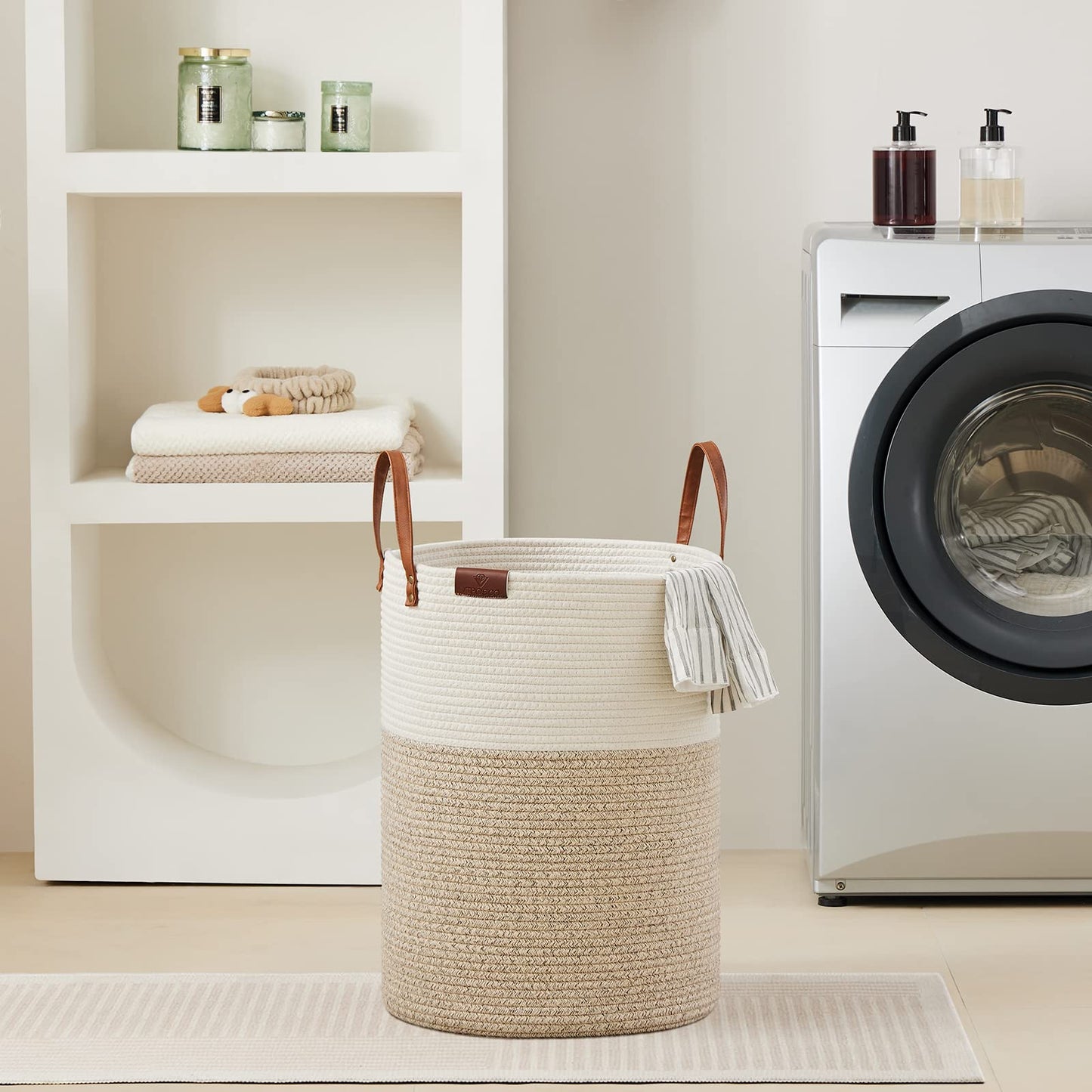 VIPOSCO 53L Tall Woven Rope Laundry Hamper, Leather Handles, White & Brown
