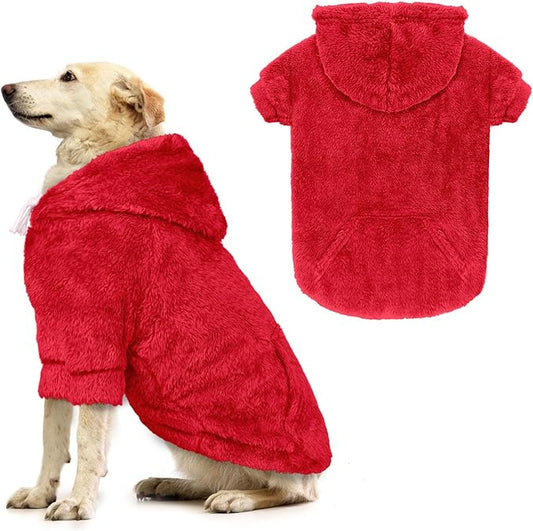 Dog Sweater,Dog Hoodies,Warm Fuzzy Fleece Sweatshirt with Hood & Pocket,Leash Hole,Cozy Cold Weather Pet Clothes Sweater for Small,Medium,and Large Dogs(Red,XL)