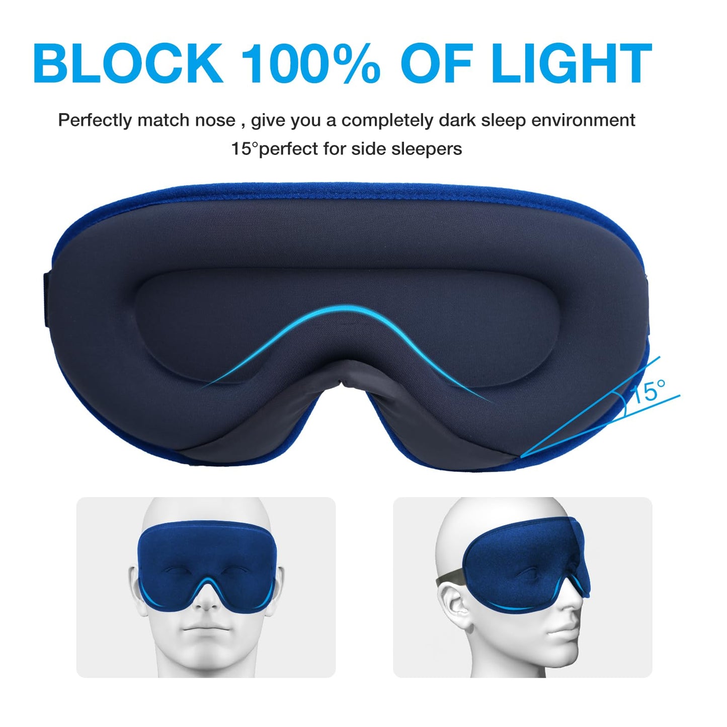 LYSIAN 3D Sleep Mask for Side Sleepers, Blackout Eye Mask with No Pressure on Eyes, Adjustable Comfortable Blindfold with 5 Pairs of Ear Plugs for Sleeping, Travel, Nap, Blue