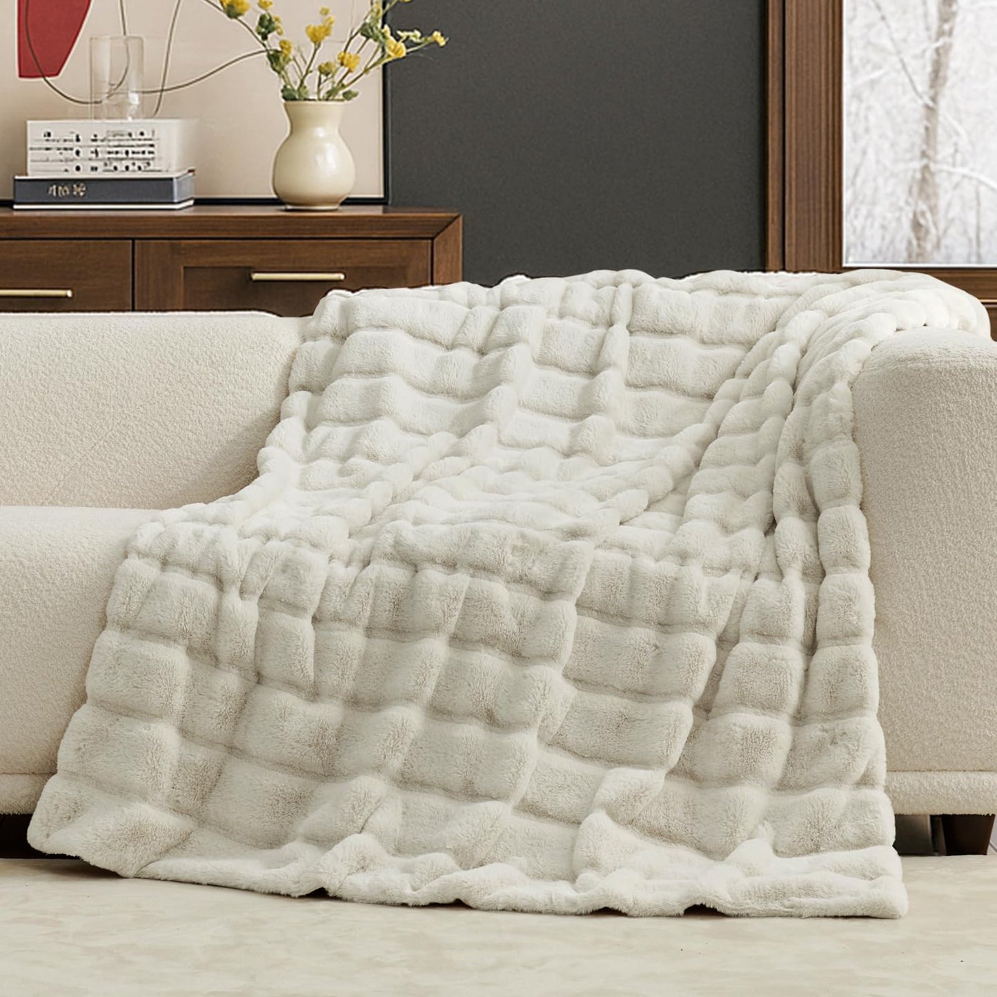 Cozy Bliss Deluxe Sheared Rabbit Faux Fur Throw Blanket, Soft Fuzzy High-Low Sculpted Plush Blanket for Couch, Cozy Home Accent, All Season Use, Beige 50"x60"