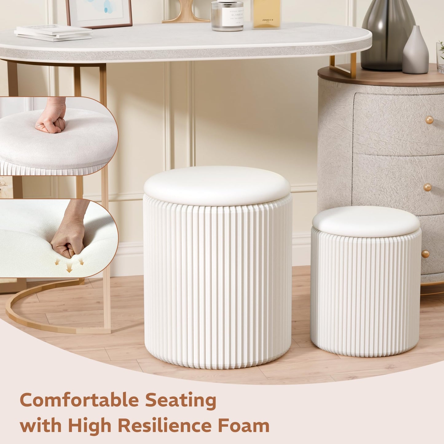 Trygoal Round Ottoman with Storage Set of 2, Breathable Cotton & 300LBS Engineered Wood Frame, Nesting Side Table with Blanket Storage, No Assembly Cozy Vanity Stools for Living Room, White