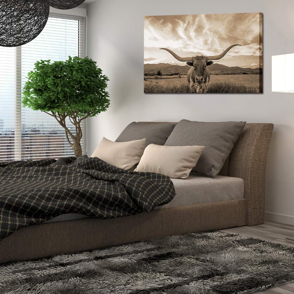 KREATIVE ARTS Sepia Texas Animal Canvas Wall Art Highland Cattle with Long Horns Picture Longhorn in Sunset Farm Painting for Home Decor Modern Living Room Decorations Ready to Hang 24x36in