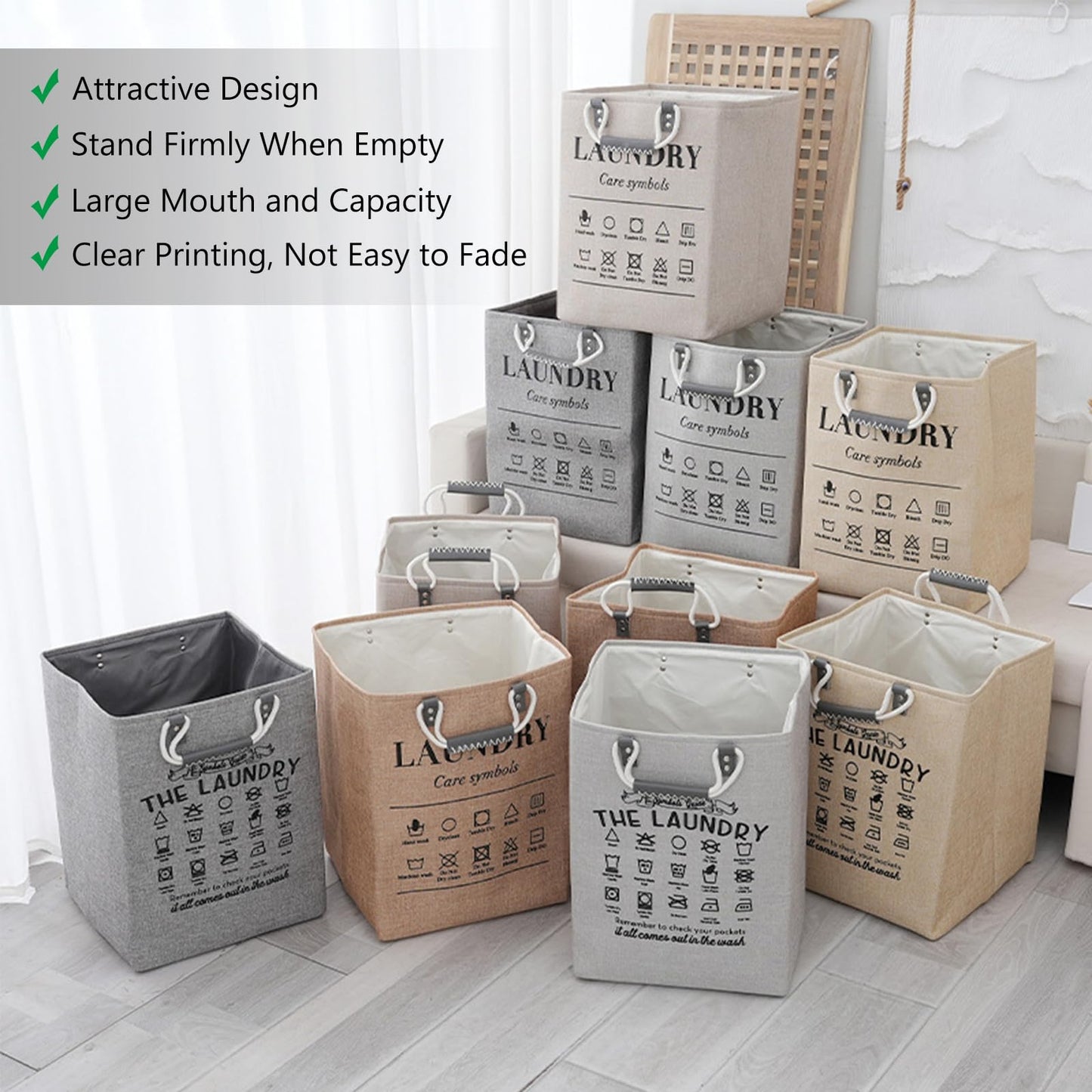 MLUUHK Small Laundry Basket, 50L Foldable Laundry Hamper Organizer with Handles, Fashion Portable Laundry Basket in Bedroom, Laundry Room, Closet, Bathroom, College Dorm (Beige)