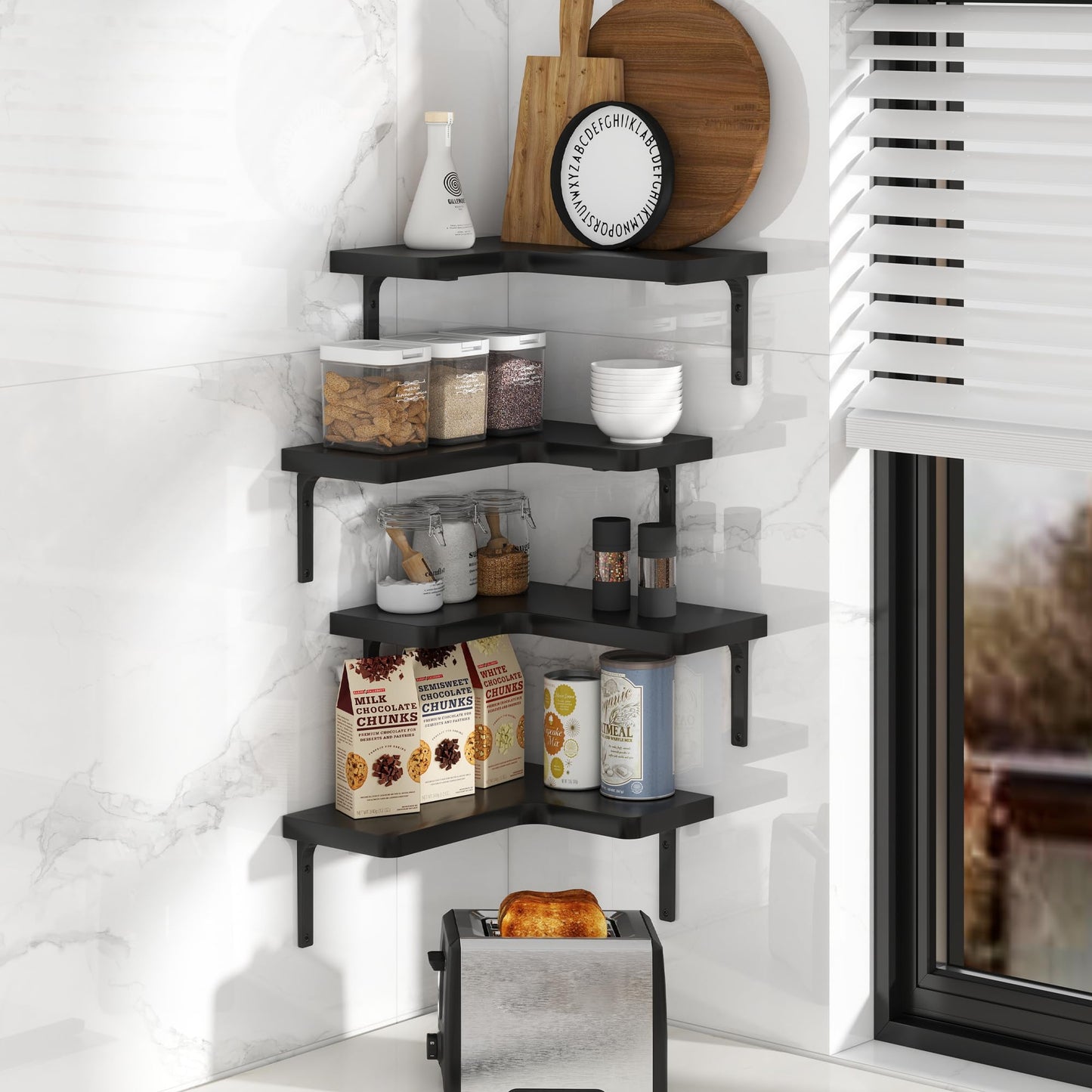 Venusmiles Corner Floating Shelves Set of 4, Wall Mounted L-Shaped Storage - Maximize Unused Corner Space in Bathroom, Kitchen, Bedroom, Office, Jet Black