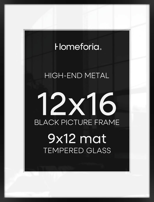 Homeforia 12x16 Picture Frame Black, High End Metal 12x16 Poster Frames with Mat 9x12 for Photo, 12 x 16 Black Frame Matted to 9 by 12 inch Print, 16x12 Thin Frames, Tempered Glass, Wall Kit, Set of 1