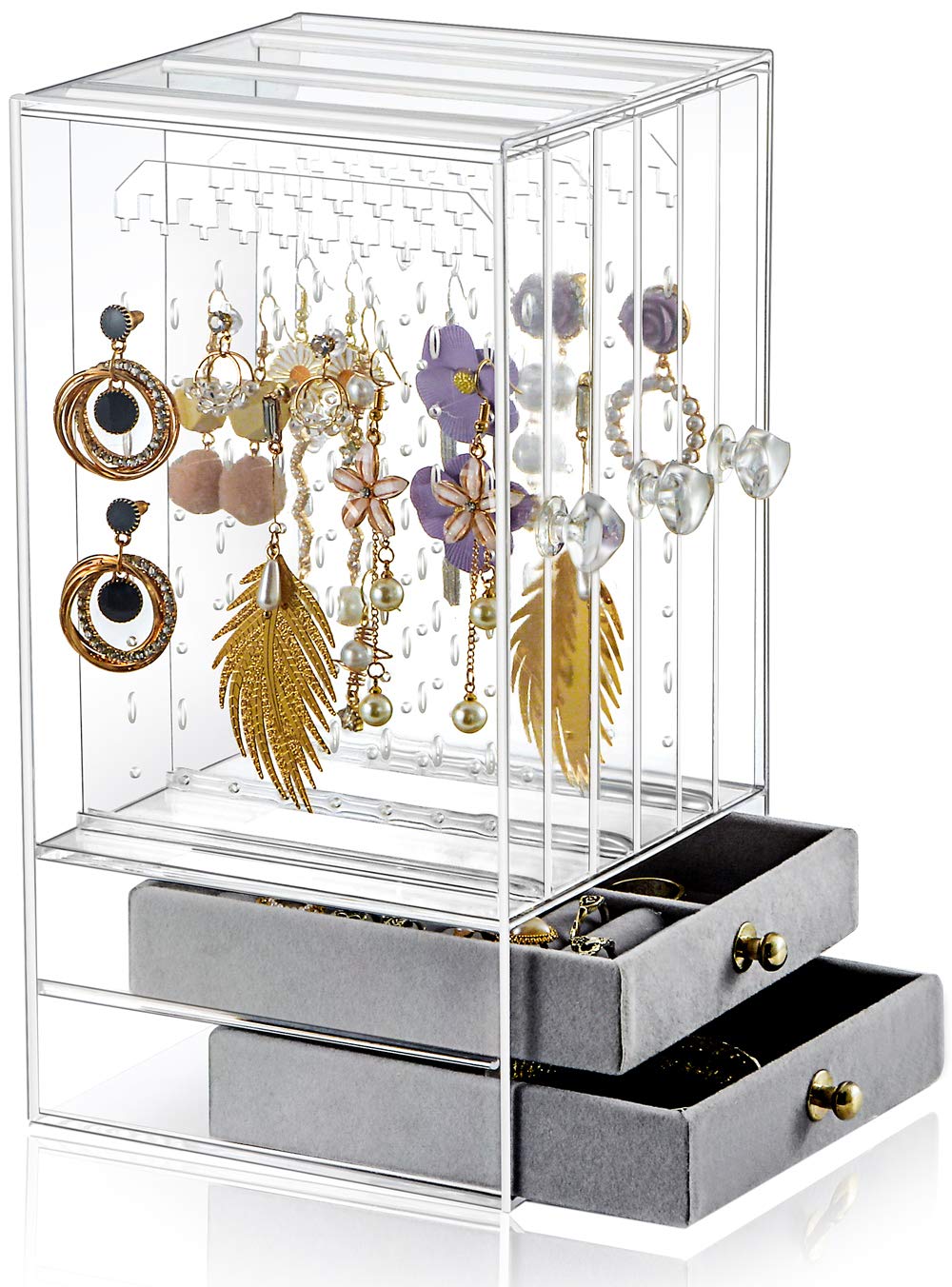Sooyee Acrylic Earring Holder and Jewelry Organizer with 5 Drawers, Dustproof Jewelry Stand Rack Display for Necklaces Bracelet Earrings and Ring, Clear