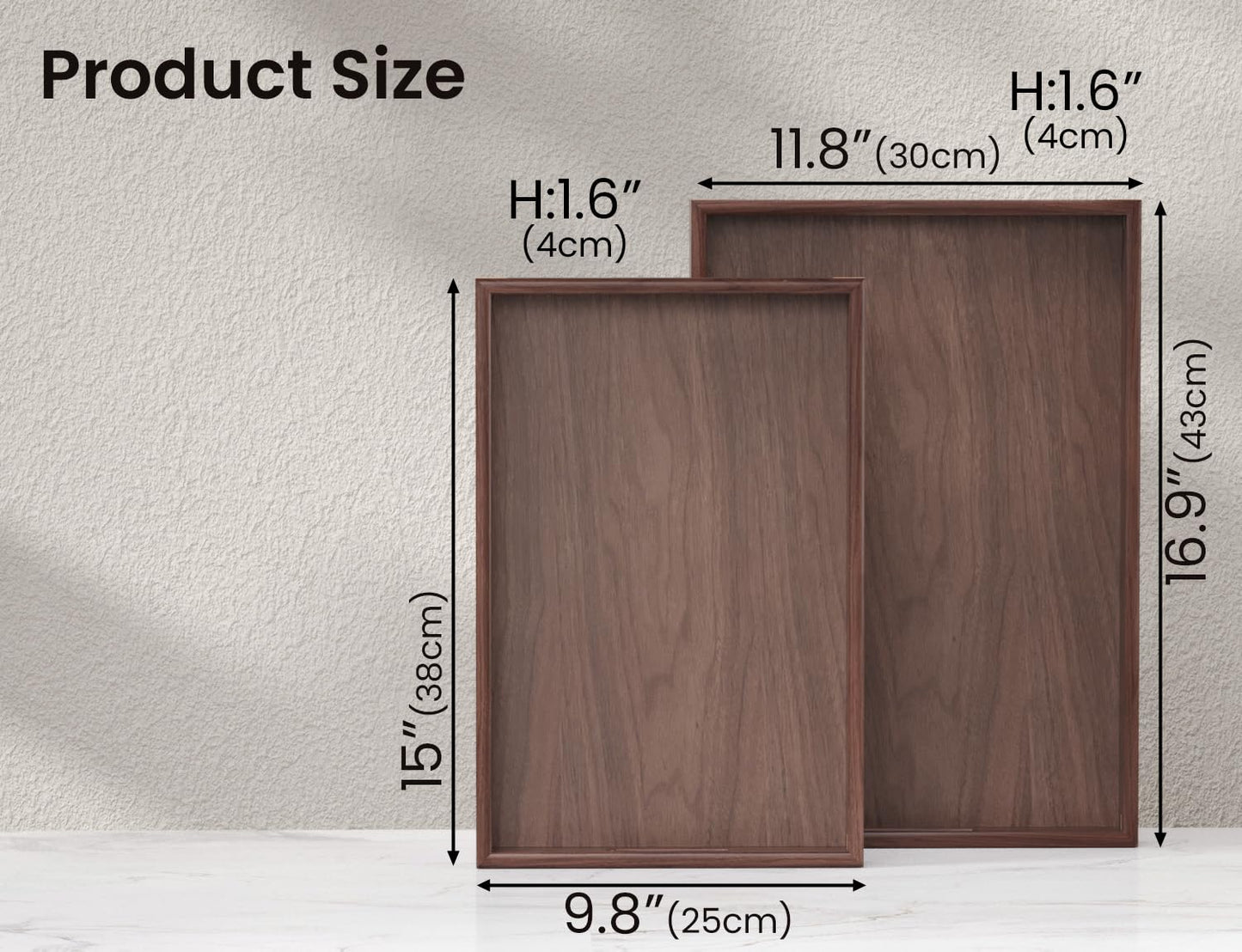 Fibogollo Set of 2 Walnut Wooden Serving Tray with Handles,Decorative Trays Platter,Breakfast Tray in Bed,Large Coffee Table Tray, Food Drinks Trays for Eating,Working,Storing
