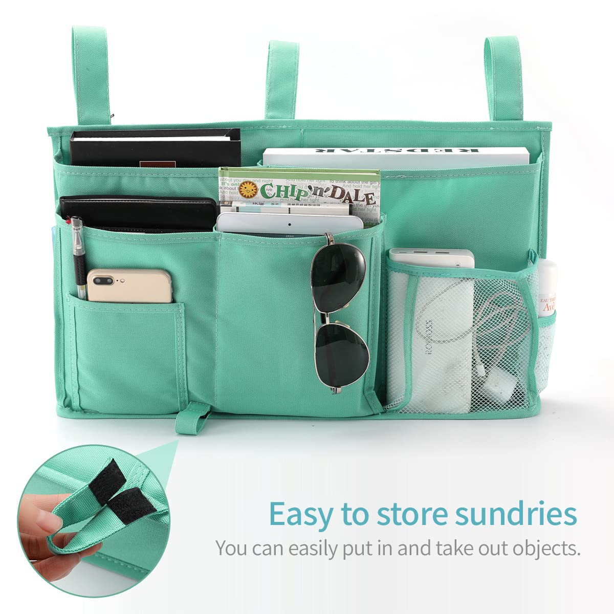 Bseash Bunk Bed Organizer, Bedside Caddy Hanging Bed Organizer Storage Bag 8 Pockets, for College Dorm Rooms Bed, Hospital Bed, Baby Bed Rails, 600D Oxford Cloth (Light Green)