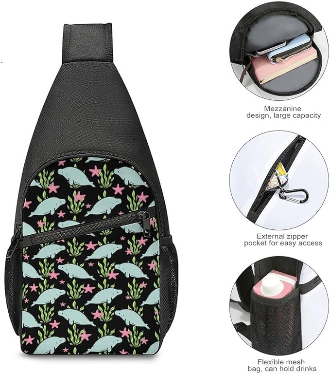 SWEET TANG Casual Sling Backpack for Women Chest Shoulder Crossbody Backpack, Gym Funny Sack, Satchel Travel Bag Outdoor Hiking Daypack Manatee Animals