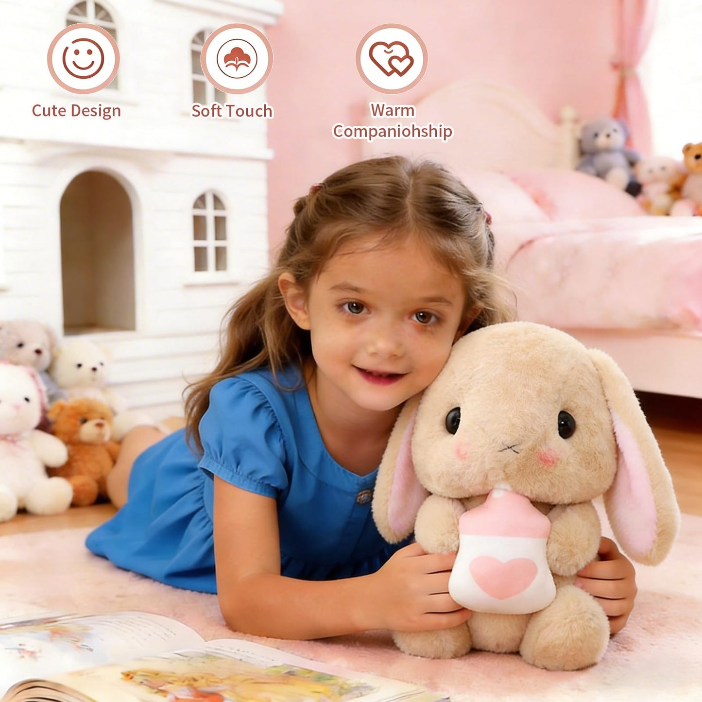 HOUPU Soft Toy - Sitting Lop Eared Rabbit, Easter White Rabbit Stuffed Bunny Animal with Carrot Soft Lovely Realistic Long-Eared Standing Pink Plush Toys (Brown-Milk Bottle,8.6in/22cm)