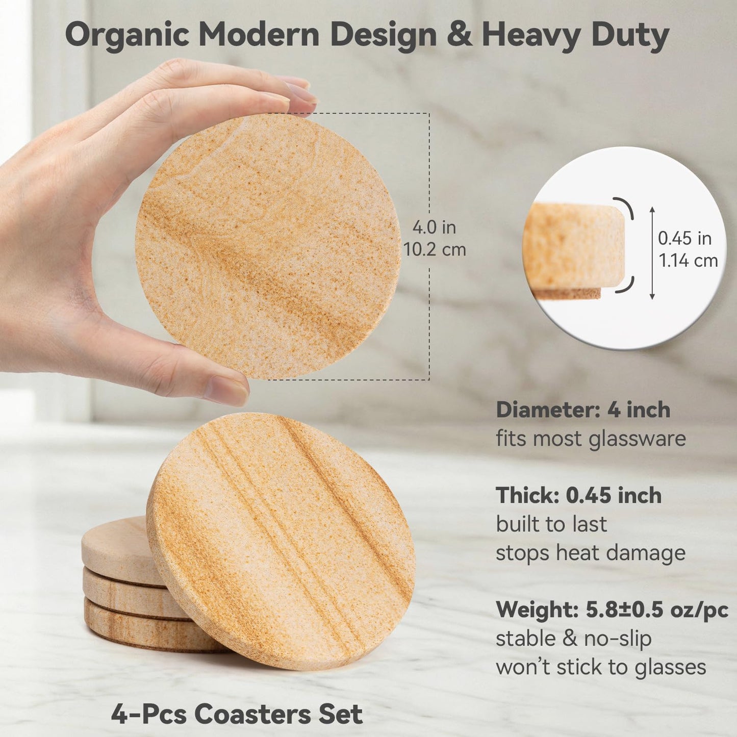 Natural Sandstone Coasters Set of 4, 4" Round Matte Absorbent Stone Coasters with Cork Bottom - No Water Rings, Heat Resistant, Non-Slip, Scratch-Resistant - Ideal for Coffee Table, Gift Ready