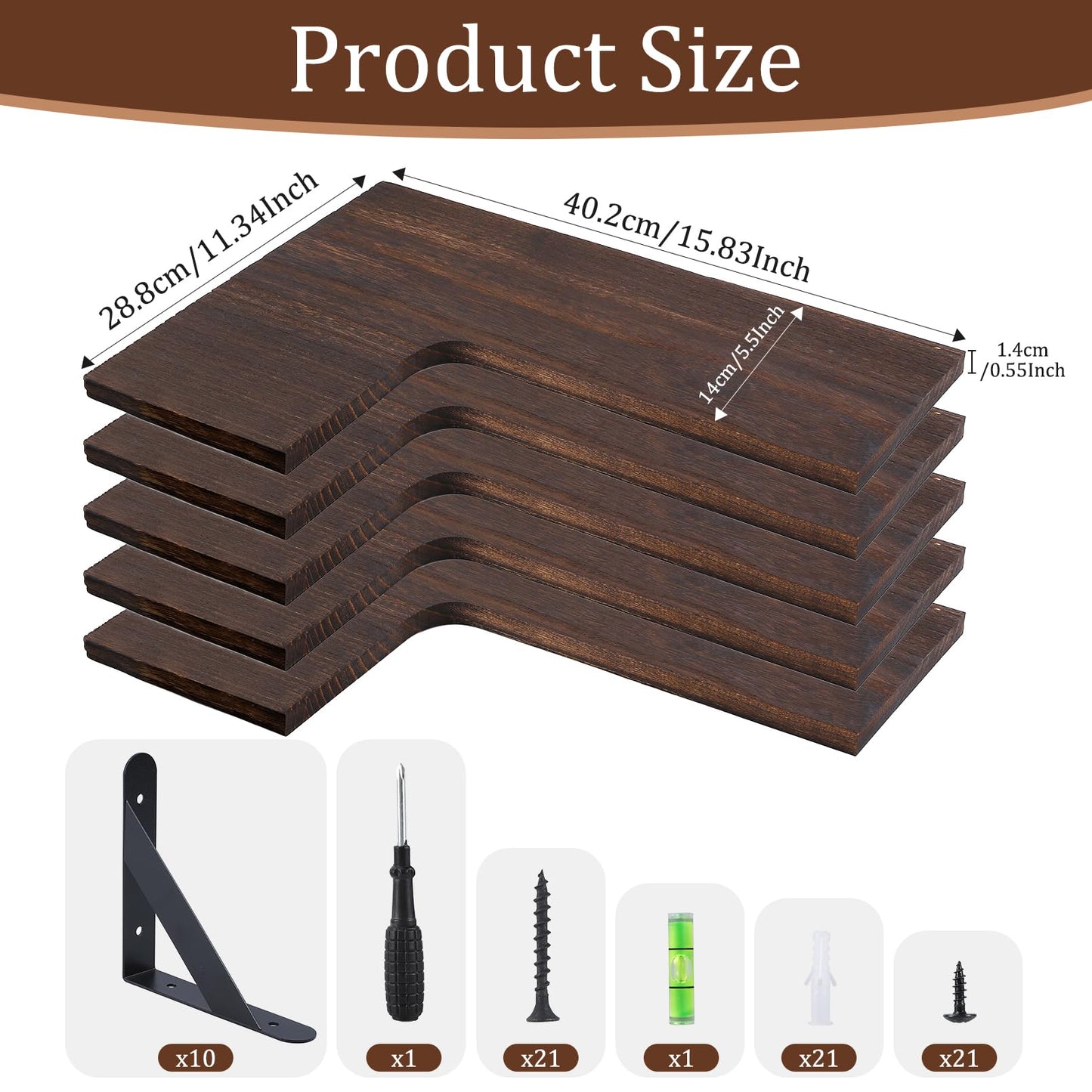 RAIHOMKIT Corner Floating Shelves Set of 5, Rustic Wood Shelves for Home Decor, Wall Mounted Storage Corner Shelf for Bedroom Kitchen Living Room Bathroom Office, Dark Brown
