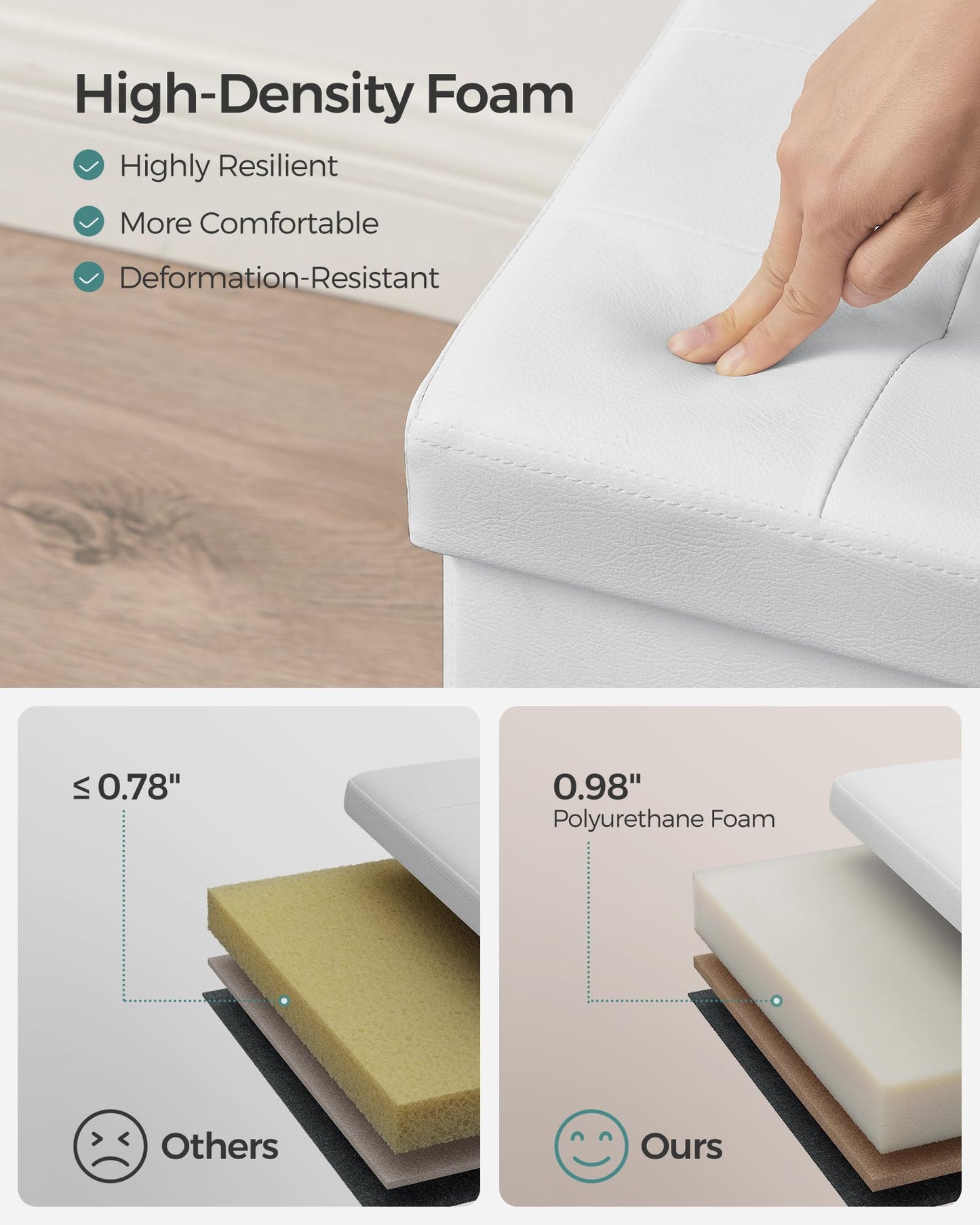 SONGMICS MAZIE Collection - 30 Inches Storage Ottoman Bench with Flipping Lid, Storage Chest Footstool, Load 660 lb, for Entryway, Living Room, Bedroom, Synthetic Leather, White ULSF45WT