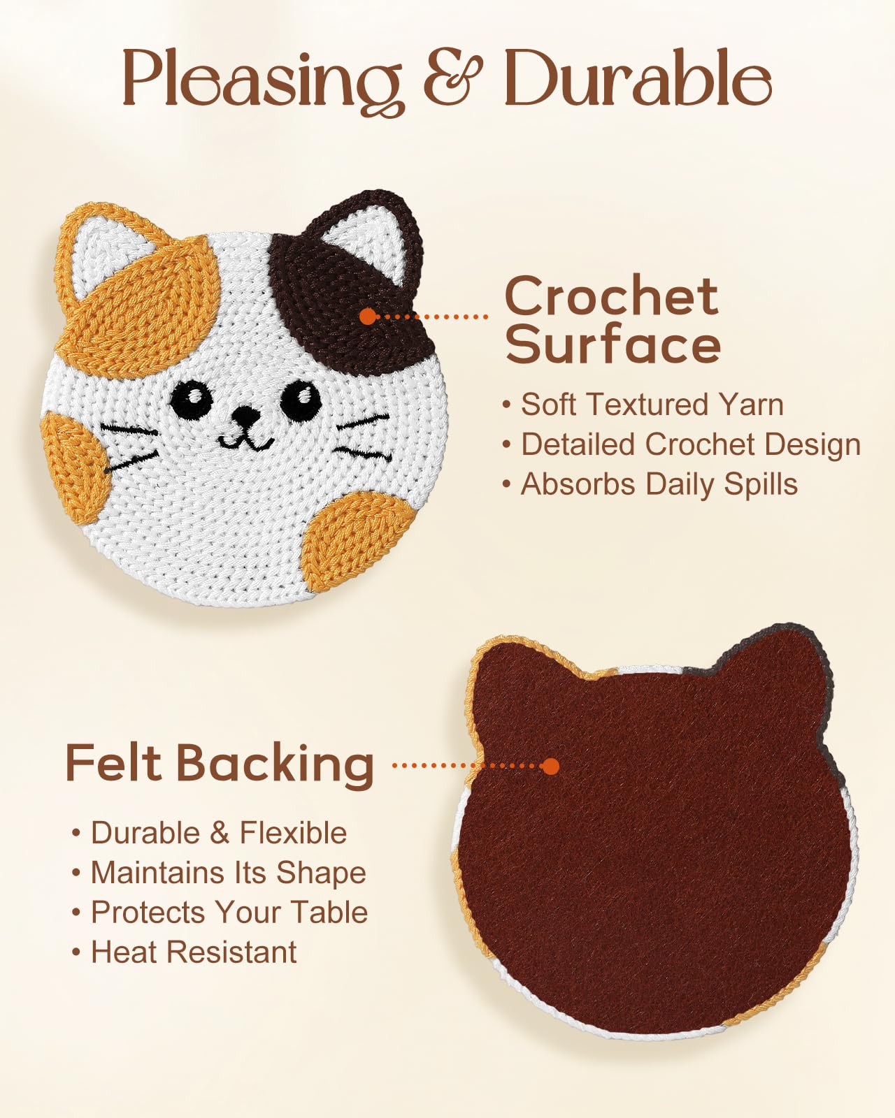Slohif Cute Woven Drink Coasters Funny Gifts for Home Desk Coffee Table-Creative Cat Face Crochet Decor Gift Office Cup Coaster Accessories for Women Family (3pcs)