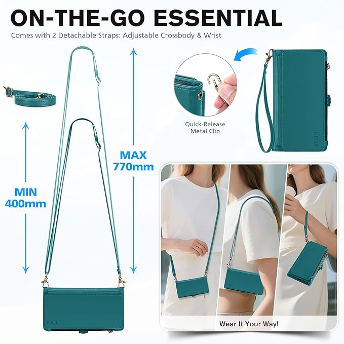 TUCCH Detachable Crossbody Wallet Case for iPhone 17 (6.3"), 9 Card Holders RFID Blocking | Lanyard | Wrist Strap | Wireless Charging | Zipper Pocket | PU Leather | Kickstand Flip Cover | Bluish Green