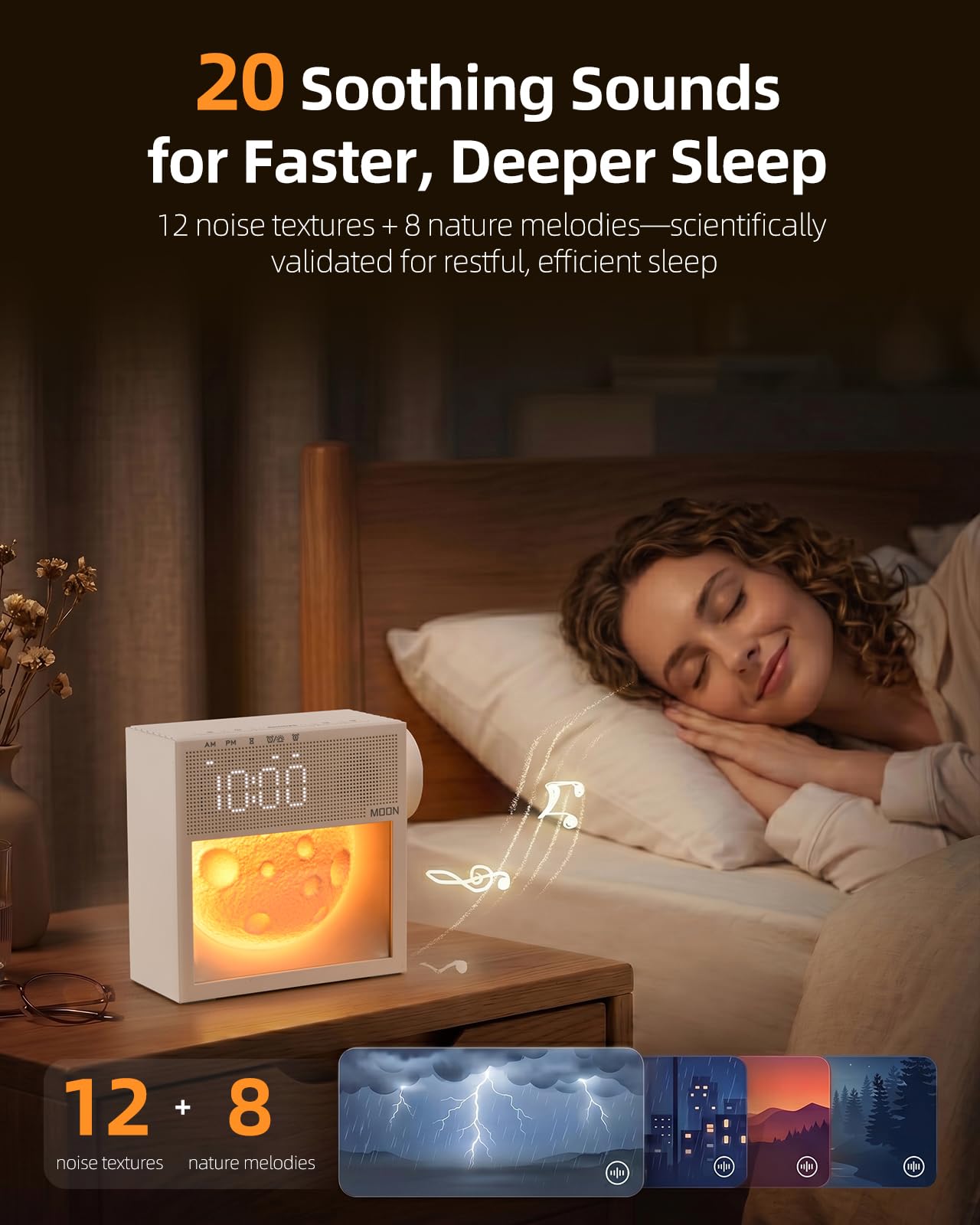 Bokefo Sunrise Alarm Clock and White Noise Sound Machine with 20 Soothing Sounds Moonlight Night Light Dual Alarms Bedroom Decor Desk Clock for Heavy Sleepers Adults Kids Baby