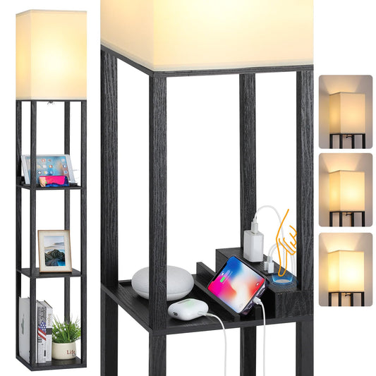 FOLKSMATE LED Shelf Floor Lamp with USB Charging Ports，Type C Port & Power Outlet, 3 Way Dimmable Touch Control Modern Standing Lamps with Shelves for Bedroom, Living Room