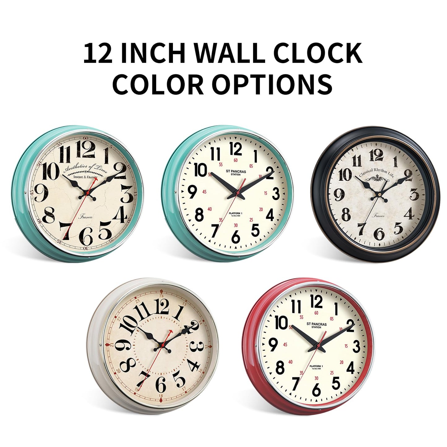 HYJOOY Countryside Wall Clock Metal 12.4" Vintage Retro Wall Clocks Silent Non Ticking Easy to Read for Living Room, Kitchen, Bedroom, Office, Bar(12.4" Turquoise)