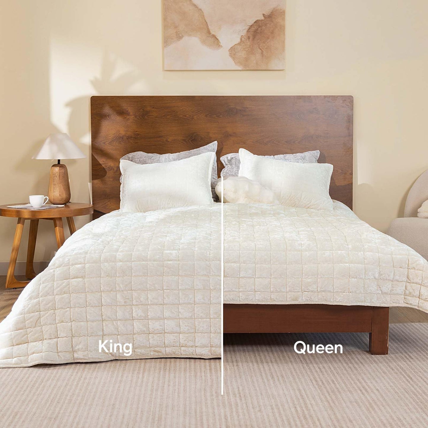 BEDELITE Velvet Quilt Set King Size - Luxury Soft Velvet Comforter Bedding Set for All Season, Lightweight Quilted Box Stitch Oversized Bedspread Coverlet with 2 Matching Shams, Shiny Cream White