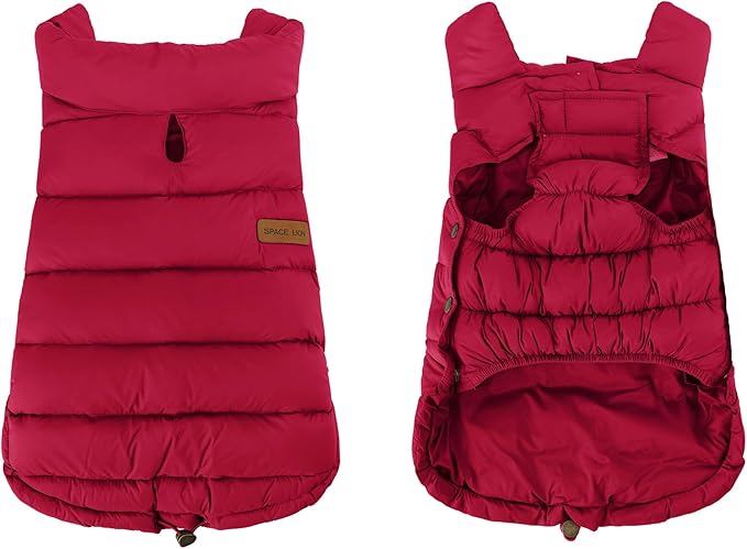 SPACE LION Dog Puffer Jacket, Down Winter Coat, Durable Outdoor Coat for Cold and Windy Conditions, Lightweight & Adjustable Fit Coats for Large Dogs, (Red, Size28/4XL)