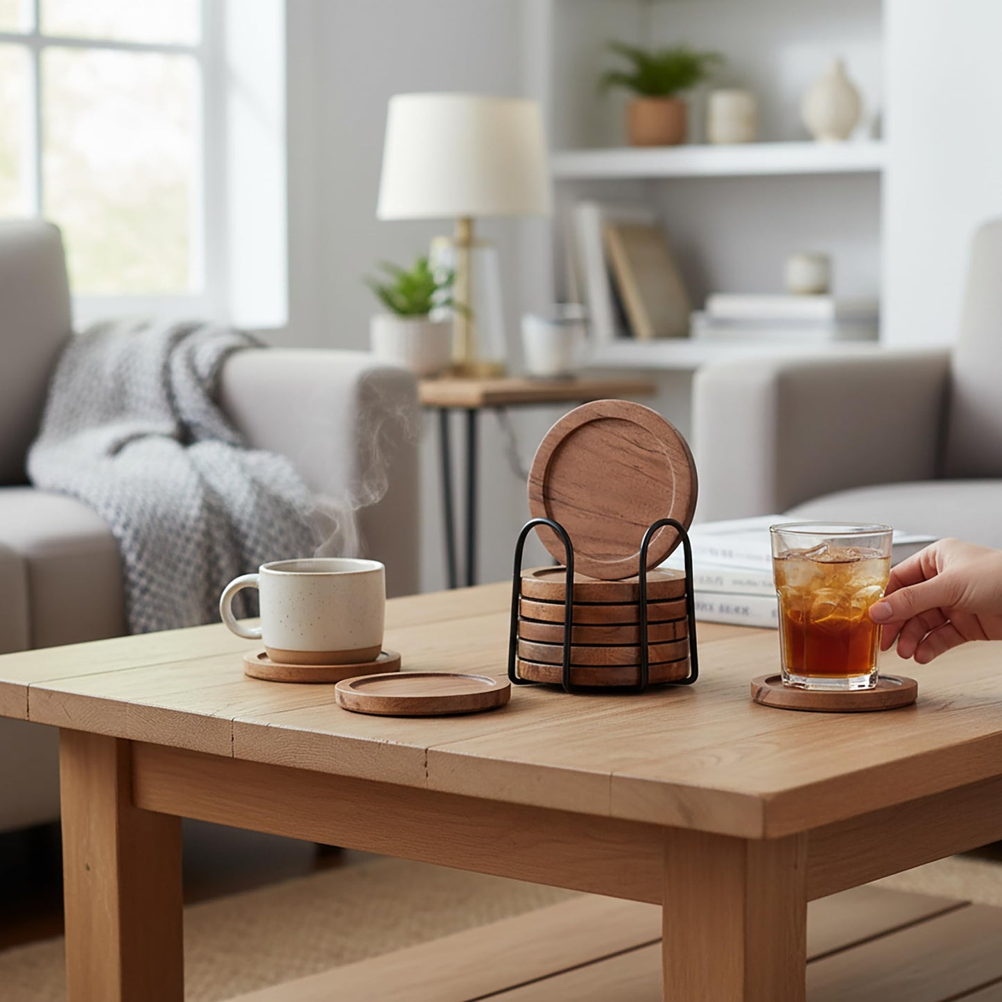 Acacia Wood Round Coasters Set of 6 with Holder – Absorbent Drink Coasters for Coffee & Dining Tables, Farmhouse Home Decor Bar Accessories, Housewarming Gift