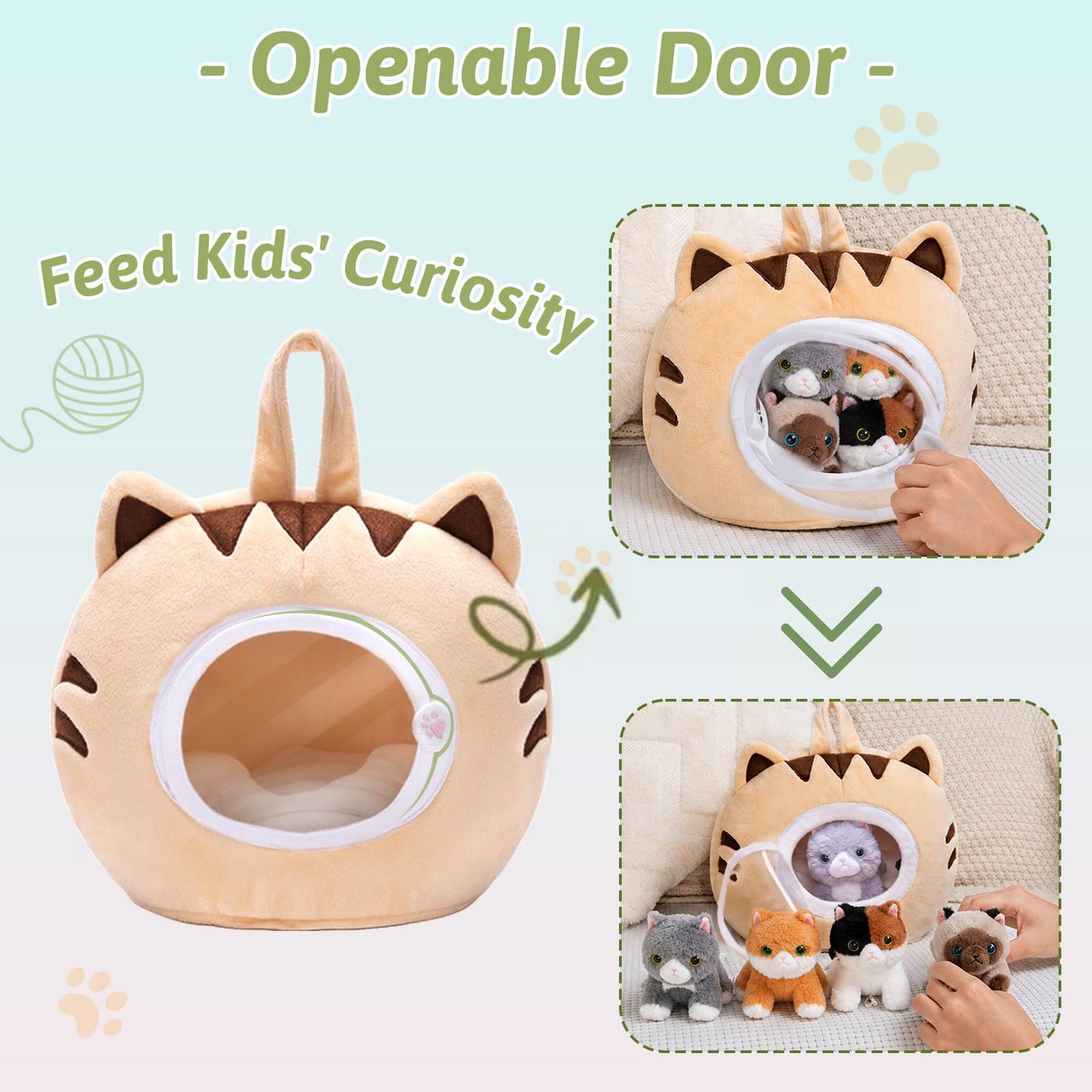 OUOZZZ Cat Stuffed Animal House with 5 Soft Cat Toys for Kids, Portable Gift Set