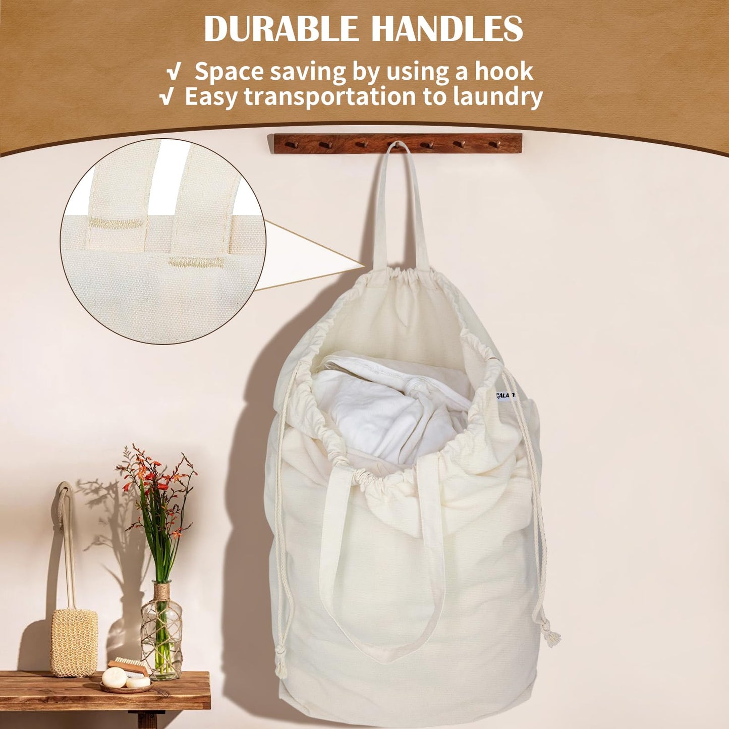 CALACH Canvas Laundry Bags with Handles & Square Base 13.8"Wx13.8"Dx27.6"H, Large Heavy Duty Laundry Hamper Bag, College Dorm Washable Drawstring Canvas Dirty Clothes Sack (Beige,1 Pack)