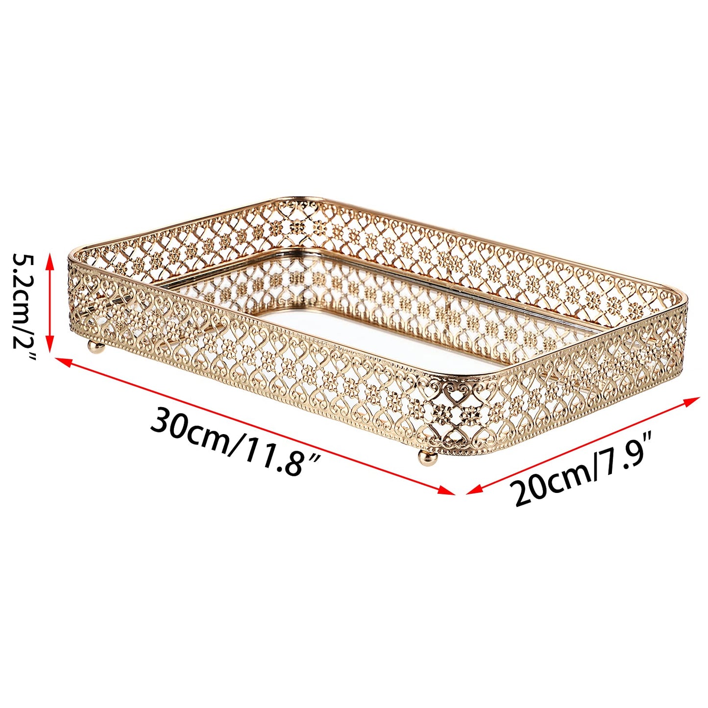 ELLDOO Perfume & Makeup Vanity Tray - Hollow-Carved Jewelry Storage, Glass & Metal Trinket Organizer for Dresser & Bathroom Countertop, Gold, Medium Size