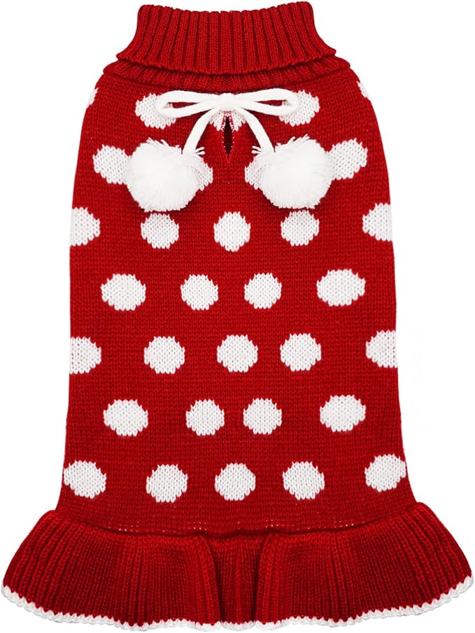 KYEESE Red Dog Sweater Dress with Leash Hole Turtleneck for Girl Dog Sweater Small Medium Knit Pullover Warm Pet Sweater for Fall Winter
