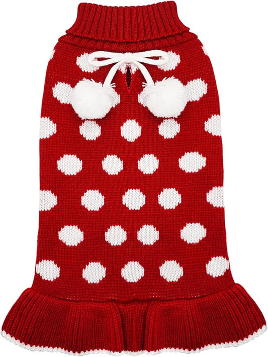 KYEESE Dog Sweater Dress with Leash Hole Small Turtleneck for Girl Dog Sweater Dress Polka Dot Knit Warm Puppy Sweaters with Pom Pom Ball