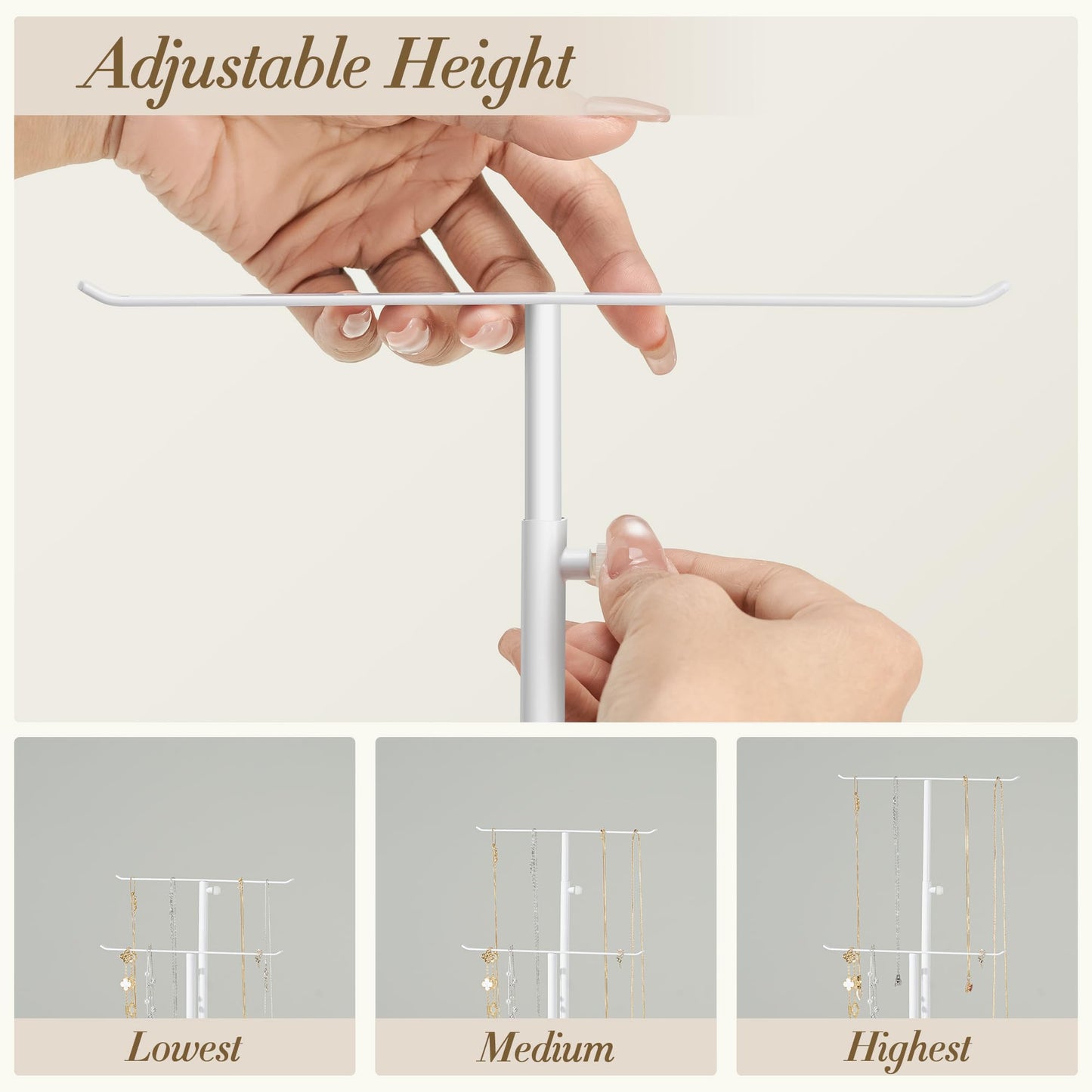 susswiff Jewelry Holder Organizer Stand - Adjustable Jewelry Tree 17.5" Height (Max), Jewlery Hanger for Necklaces, Bracelets, Earrings, Stainless, White