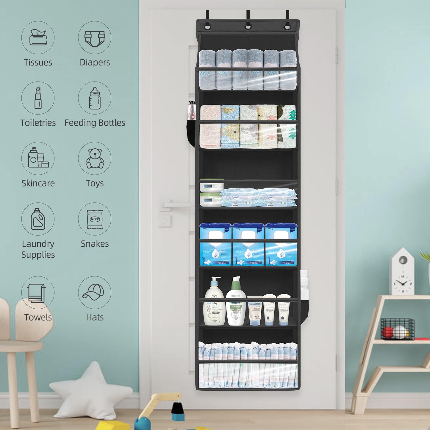 STORAGEIDEAS Over Door Organizer with 6 Extra Large Pockets and 12 Side Pockets, Large Capacity Hanging Storage Organizer with Clear Window for Shoes, Diapers, Black, 6 Layers, 2-Pack