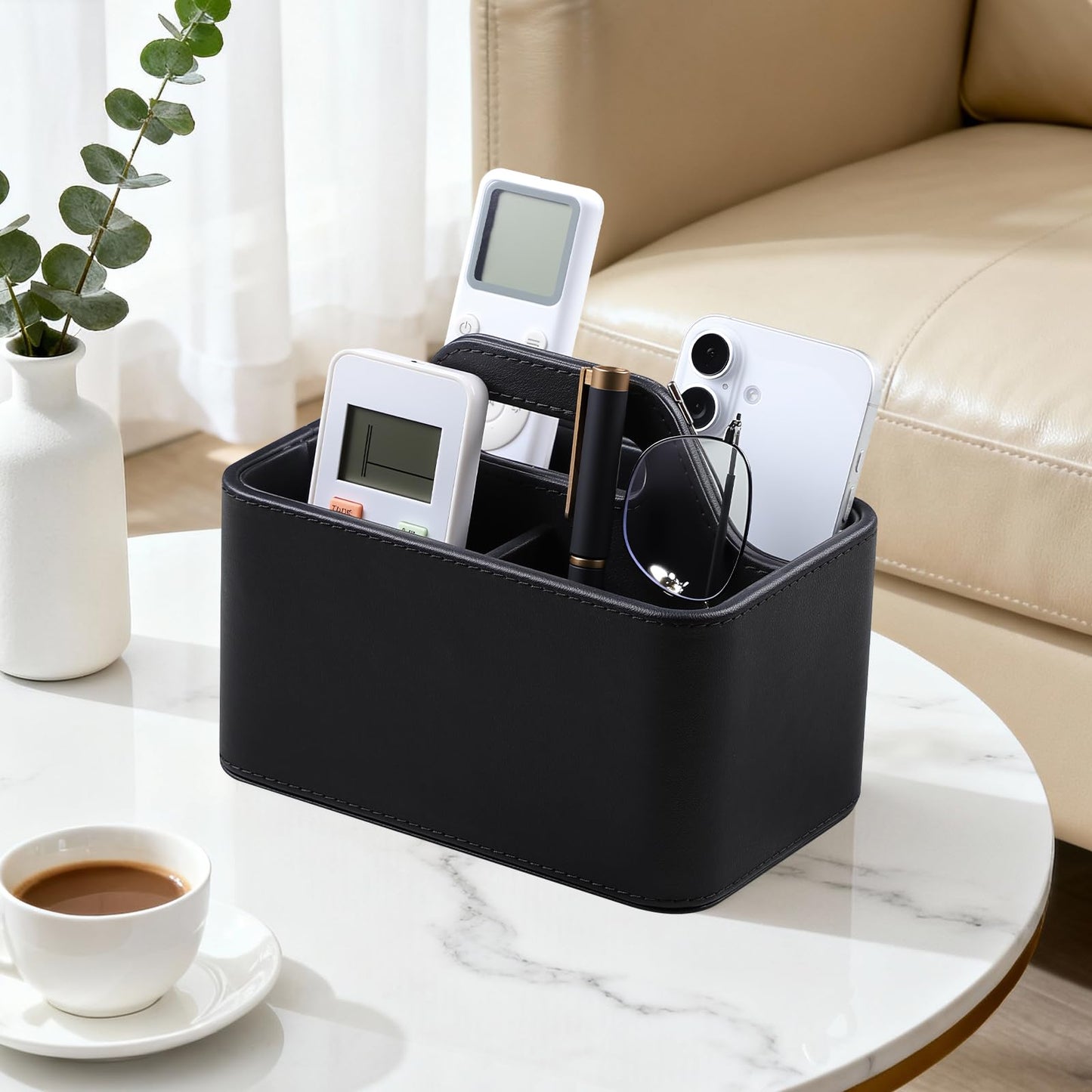 NICLNGSH Caddy Organizer with Handle, PU Leather Remote Control Holder Desk Caddy, Portable Makeup Remote Organizer for Table, Nightstand, Office (Black)