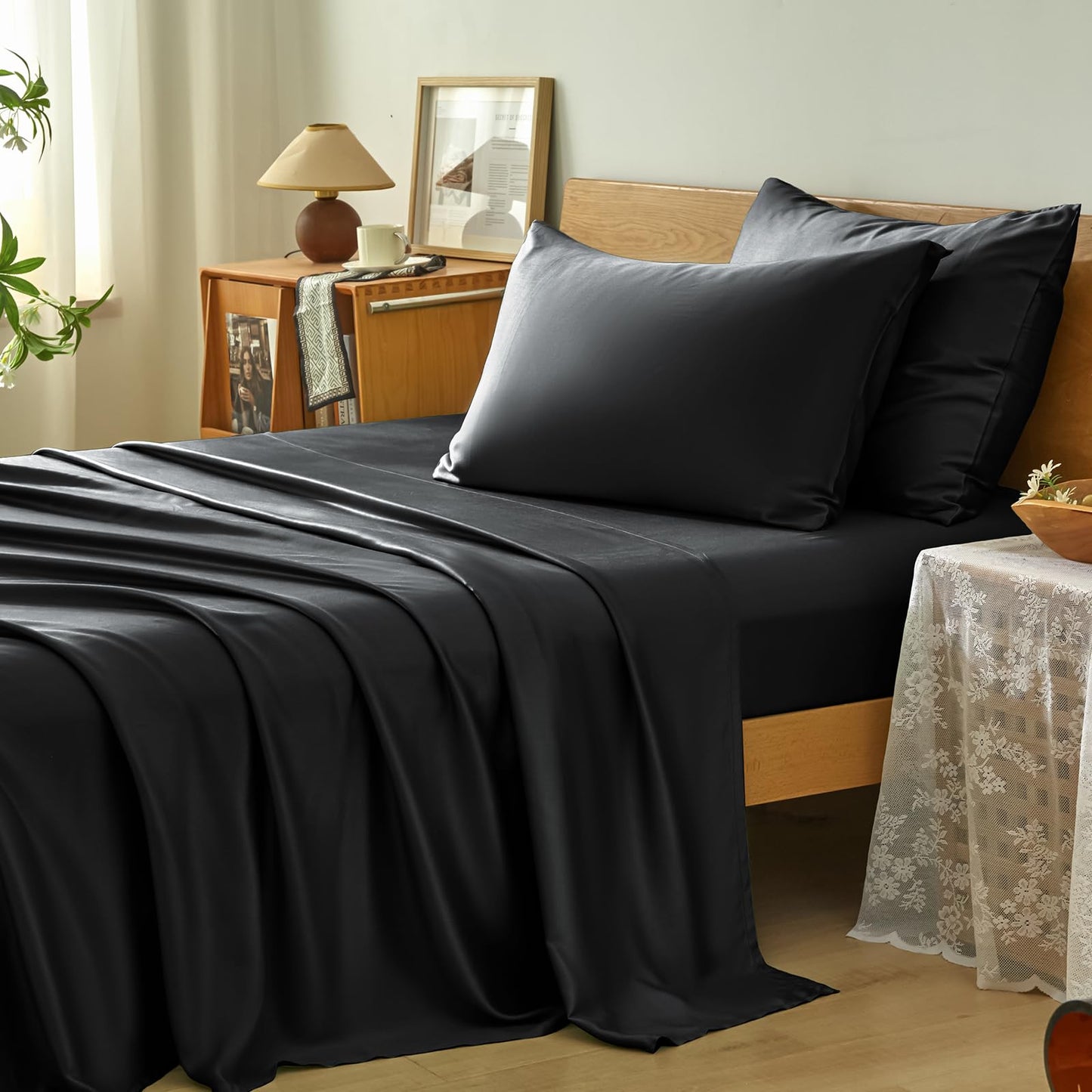 Homiest Queen Sheet Set 4pcs, 100% Rayon Derived from Bamboo Sheets, Cooling & Breathable Bedding for Hot Sleepers, Soft Luxury Sheets with 16" Deep Pocket, Hotel-Grade Silky Comfort (Black)