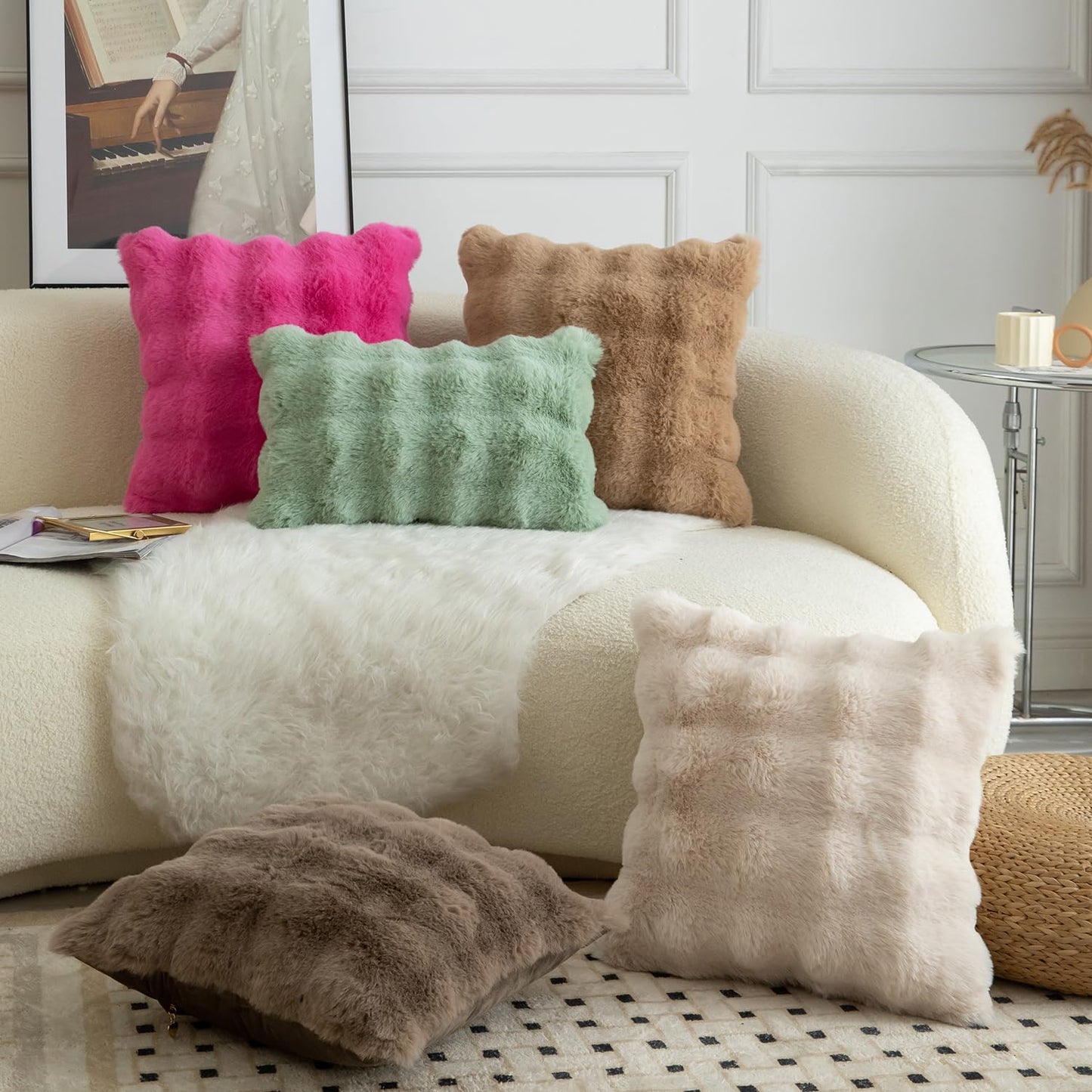 MANDIOO Pack of 2 Thick Plush Wool Decorative Throw Pillow Covers Super Soft Wave Bubble Fur Velvet Cushion Covers Pillow Shams for Couch Bed Living Room 16x16 Inch Hot Pink