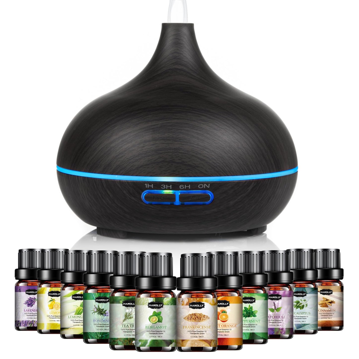 Hanolly Essential Oil Diffuser for Home, 500ML Aromatherapy Diffuser Humidifier with 12 Essential Oils, 7 Color LED Lights, Quiet Cool Mist Diffuser for Bedroom, Office