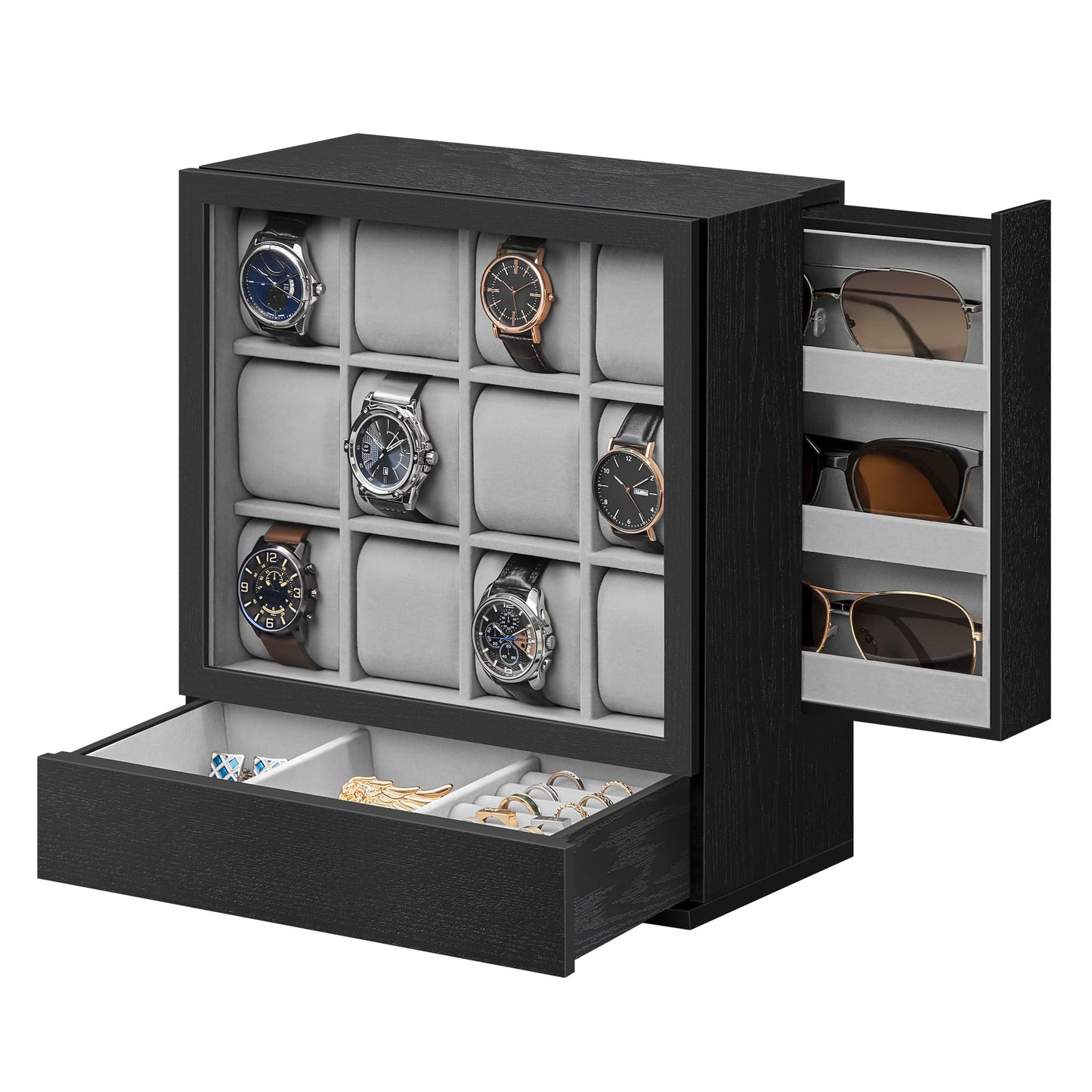 SONGMICS 12-Slot Watch Box, Watch Display Case with Window, Solid Wood Veneer, Velvet Lining, Vertical Storage, Space Saving, Fathers Day Gift for Dad, Ebony Black UJOW014B01