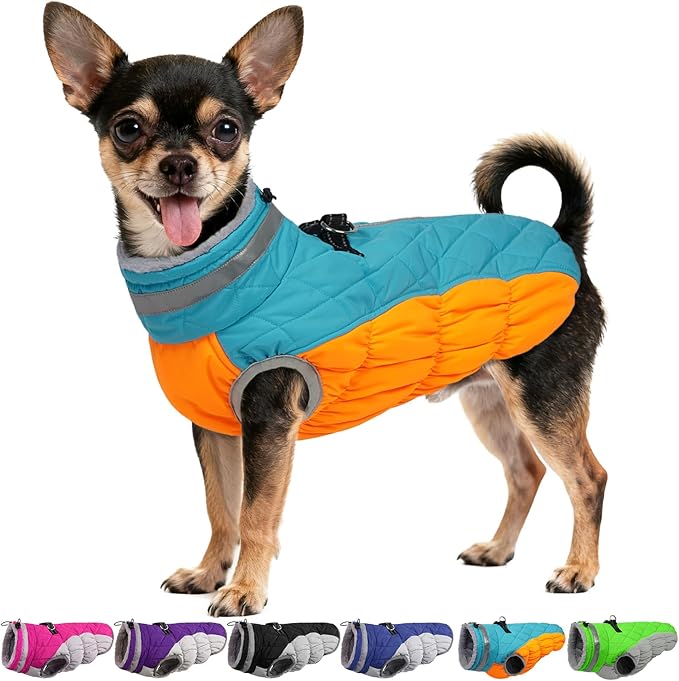 OUOBOB Warm Dog Jackets for Small Dogs, Waterproof Dog Coat with Harness Built in, Zipper Clousure, Fleece Lining for Cold Weather, Small Pet Winter Clothes for Shih Tzu, Yorkshire, Bichon - S