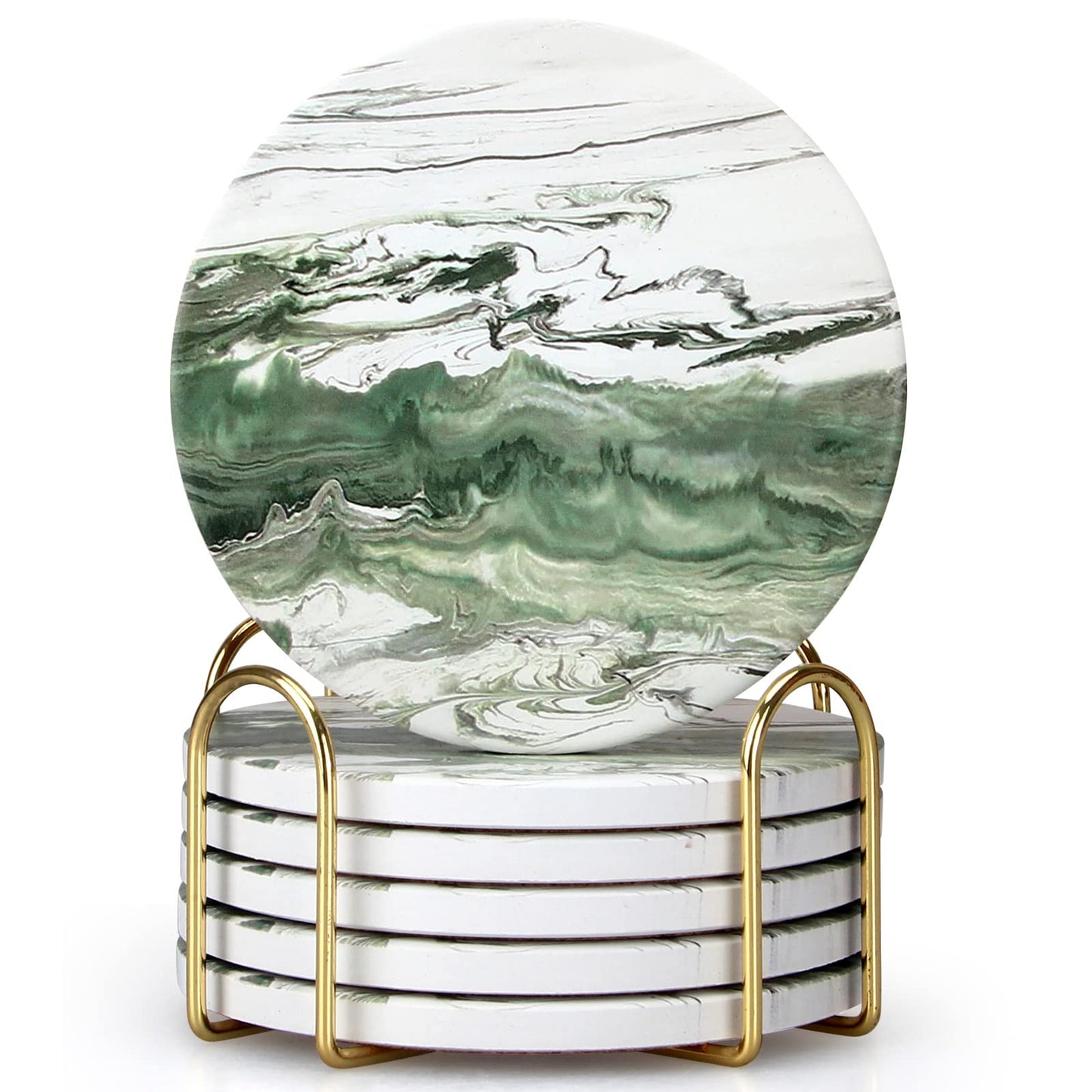 6 Pcs Green Ceramic Coasters with Holder Round Cool Drink Best Modern Absorbent Coaster Set for Coffee Table, Art Decorative Coasters, Bar, Farmhouse, Outdoor Cup Coaster Gifts