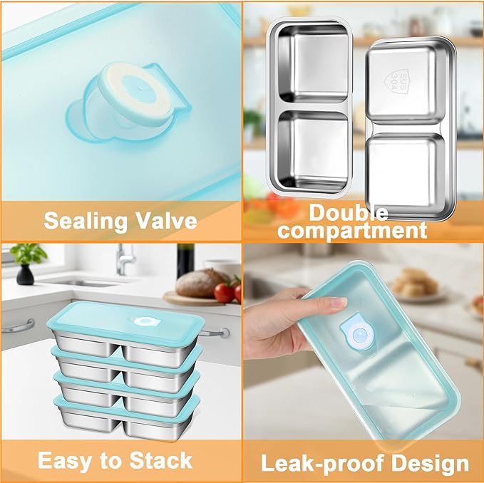 vovoyager Stainless Steel Snack Containers with Lids, Reusable Bento Lunch Container Box, Food Storage, Leak Proof, Dishwasher-Safe, Grab and Go for Work, 2 Pack-Double Compartment